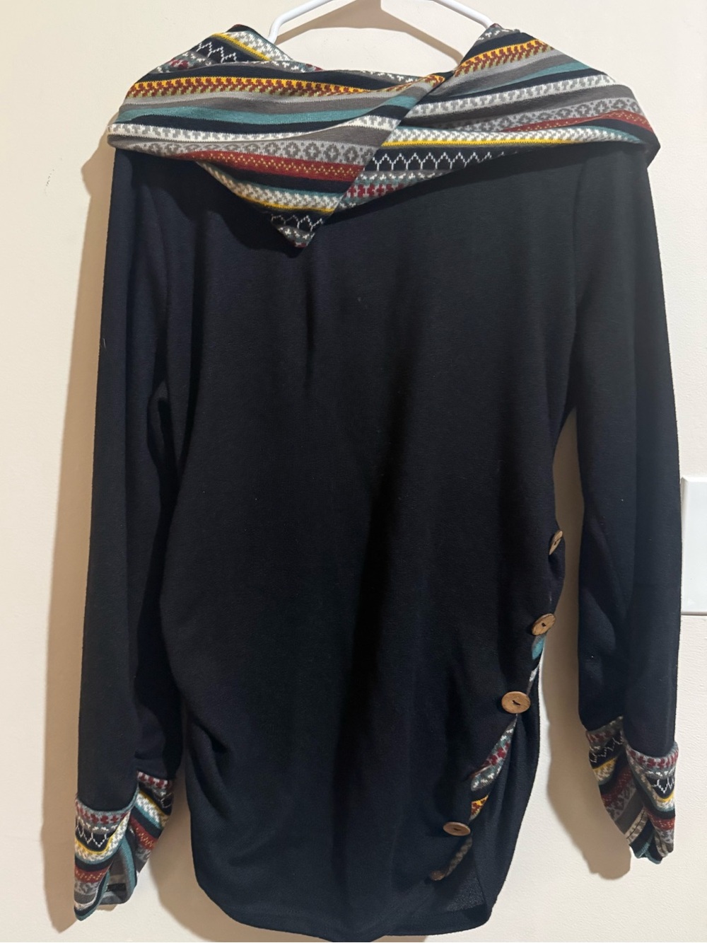Women's Black Crew Sweater with Aztec  Patterned Hood and Cuff